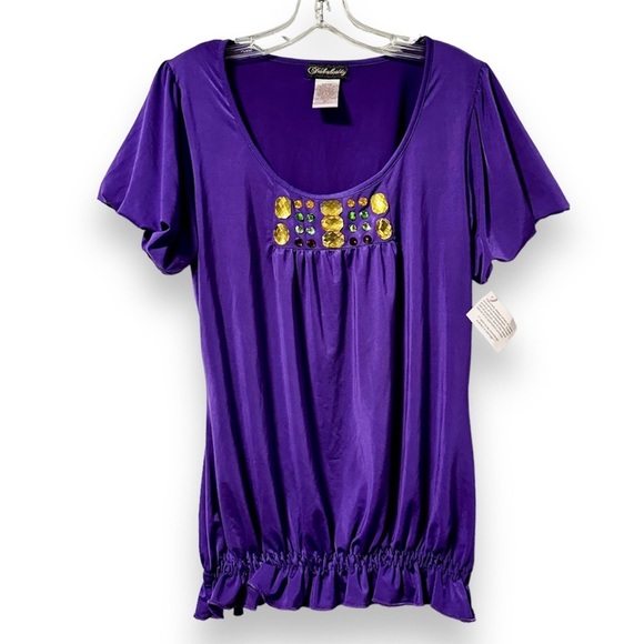 Y2K Fabulosity Purple Gem Embellished Short Sleeve Top Women’s Size XL NWT - Picture 1 of 11